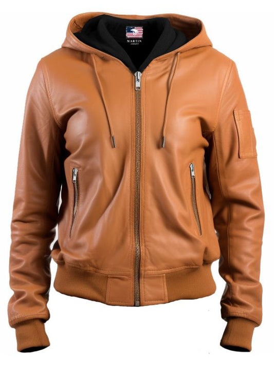 Leather Jacket Women Brown with Hood