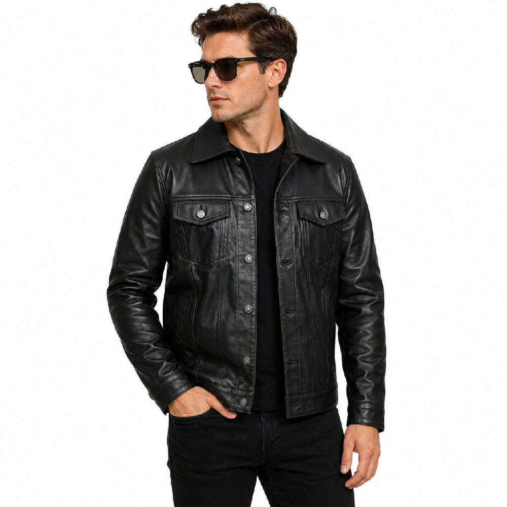 Men's black trucker leather jacket