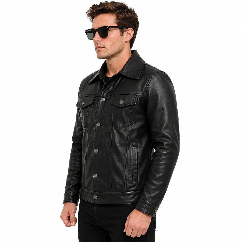 Men's black trucker leather jacket