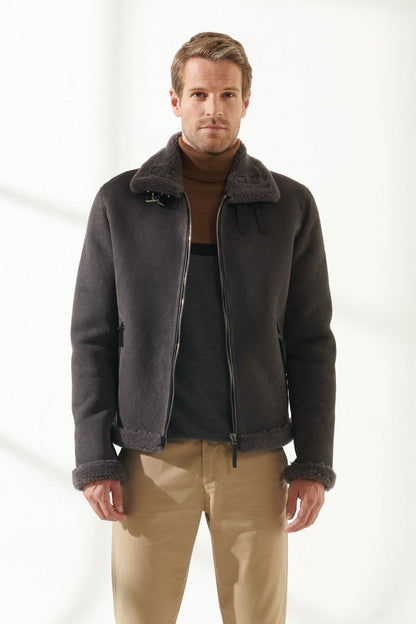 Men Aviator Black Shearling Jacket