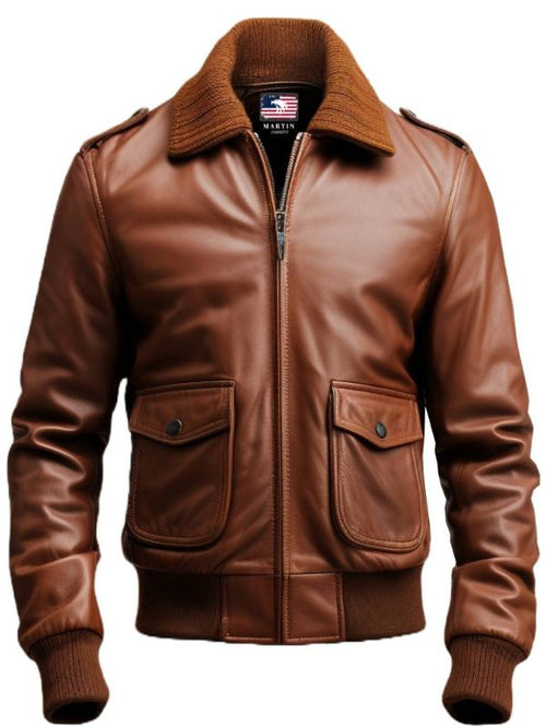 Men Aviator Brown Leather Jacket - Men Leather Jacket Brown