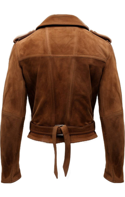 Men Biker Suede Leather Jacket Camel Brown