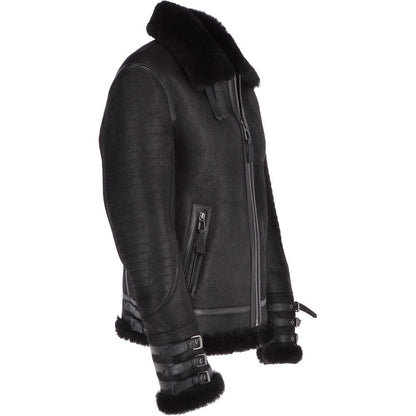 Men’s Black Aviator Flying Bomber Shearling Leather Jacket