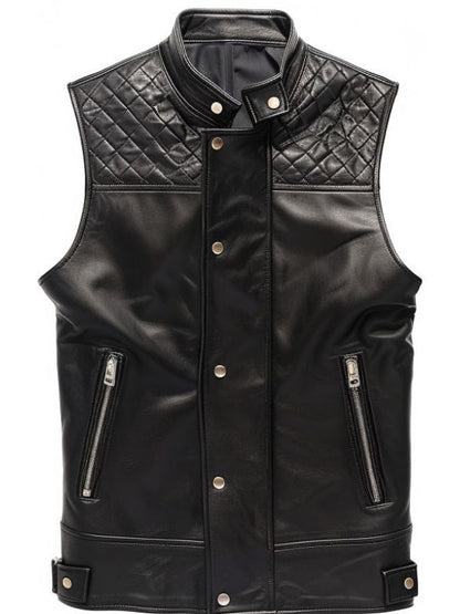 Men Black Leather Vest Quilted Style