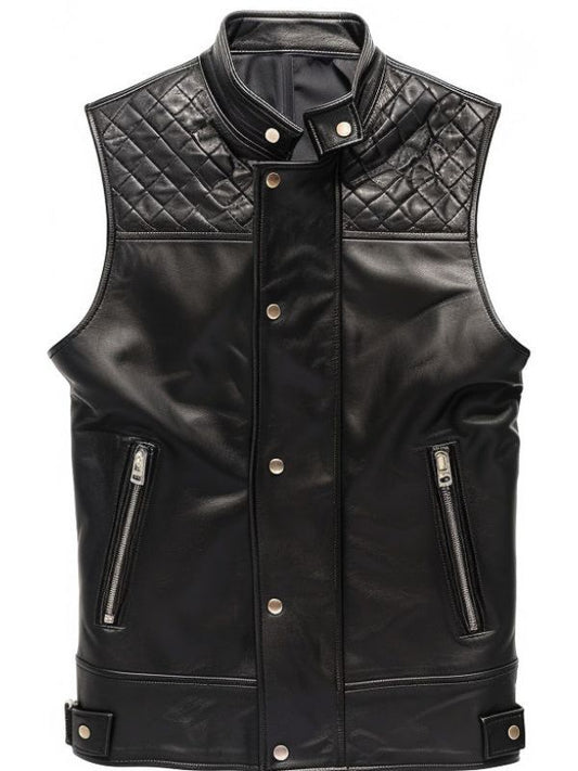 Men Black Leather Vest Quilted Style
