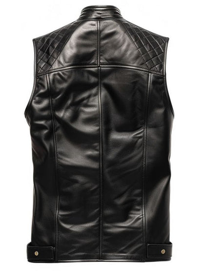 Men Black Leather Vest Quilted Style