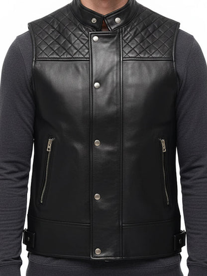 Men Black Leather Vest Quilted Style