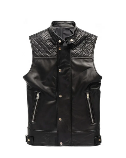 Men Black Quilted Style Leather Vest