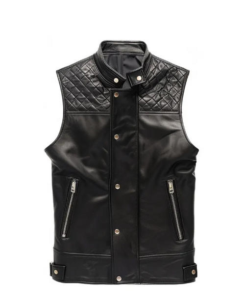 Men Black Quilted Style Leather Vest