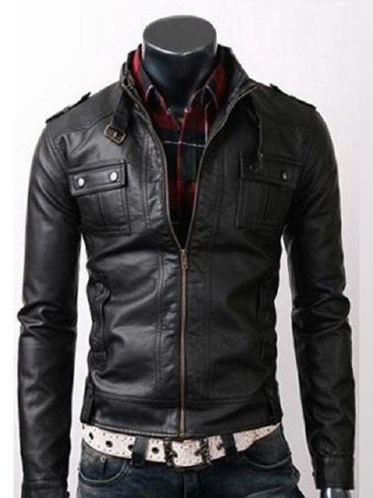 Men Black Strap Pocket Biker Leather Jacket