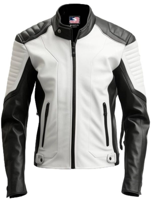 Men Black White Faux Leather Jacket - Biker Leather Jacket