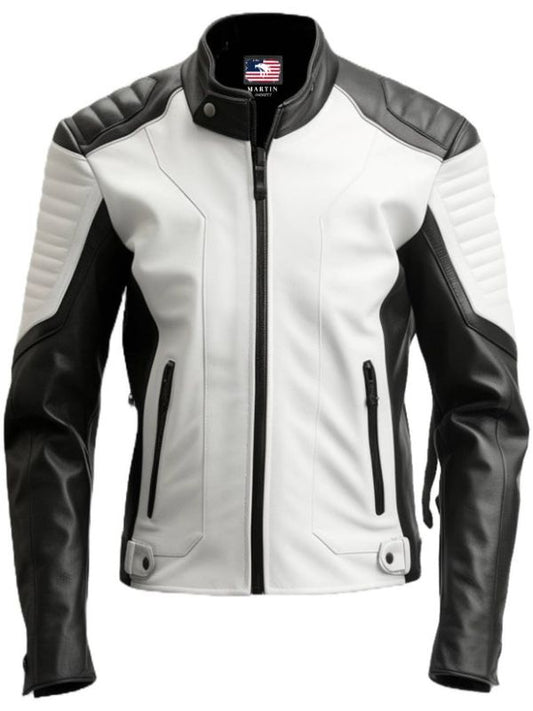 Men Black White Faux Leather Jacket - Biker Leather Jacket