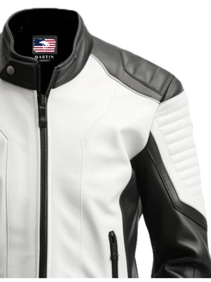 Men Black White Faux Leather Jacket - Biker Leather Jacket