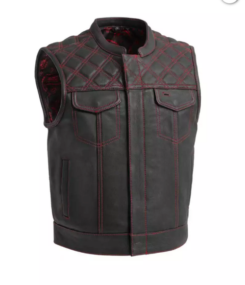 Men Black & Orange Diamond Leather Vest