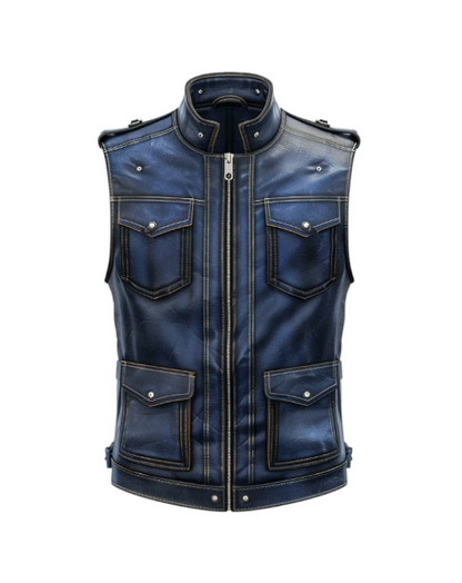 Men Blue Distressed Leather Vest