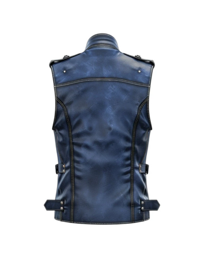 Men Blue Distressed Leather Vest