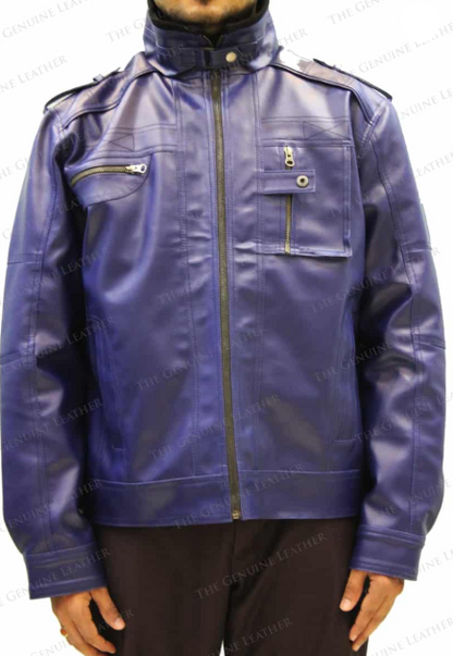 Men Blue Retro Leather Jacket