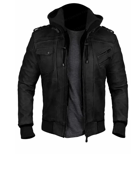 Men Bomber Hood Removable Leather Jacket