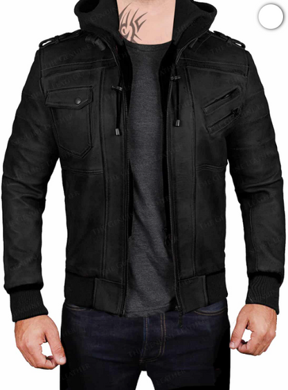 Men Bomber Hood Removable Leather Jacket