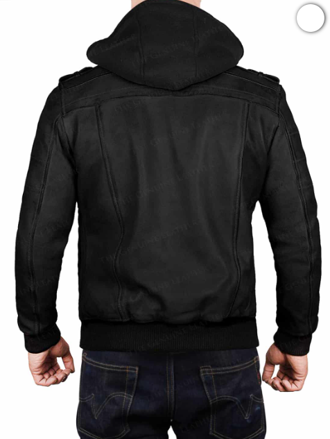 Men Bomber Hood Removable Leather Jacket