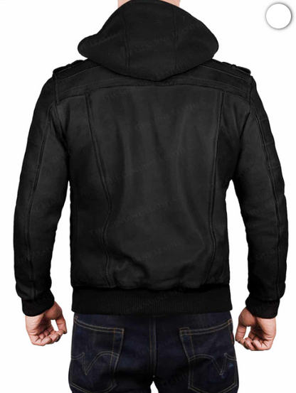 Men Bomber Hood Removable Leather Jacket