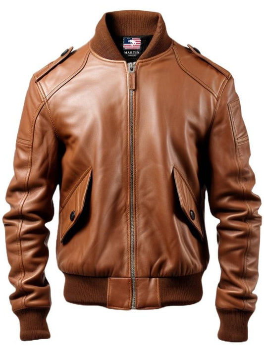 Men Bomber Leather Jacket Brown - Leather Brown Jacket