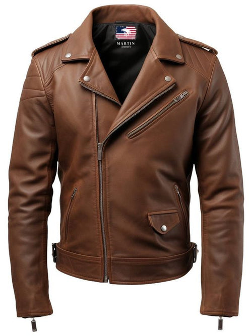 Men Brown Biker Leather Jacket - Brown Moto Jacket