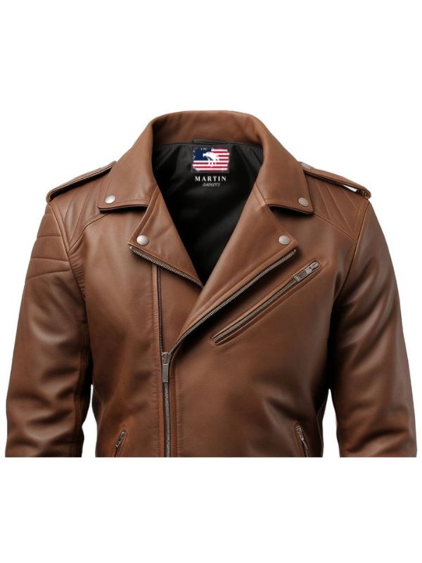 Men Brown Biker Leather Jacket - Brown Moto Jacket