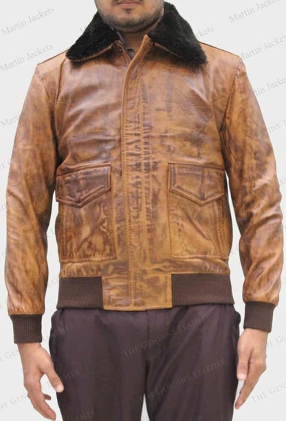 Men Brown Bomber Leather Jacket