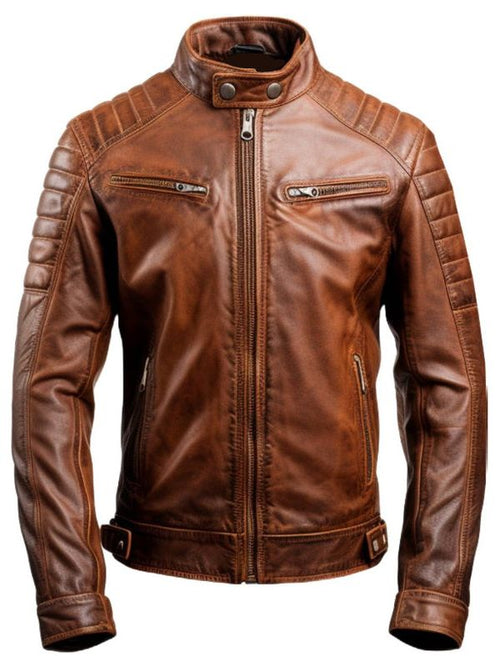 Men Brown Leather Biker Jacket - Genuine Leather Jacket