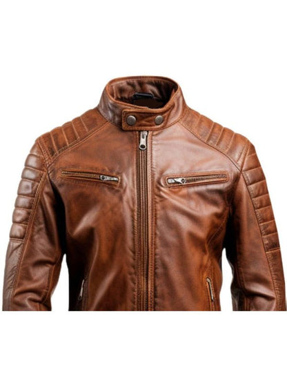 Men Brown Leather Biker Jacket - Genuine Leather Jacket