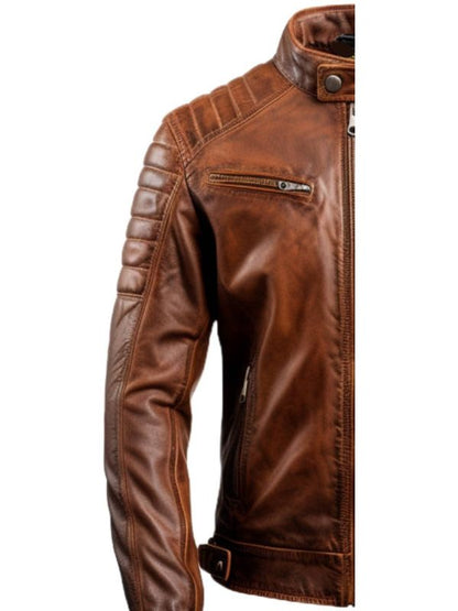 Men Brown Leather Biker Jacket - Genuine Leather Jacket
