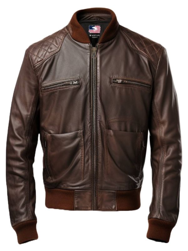 Men Brown Leather Jacket - Brown Bomber Jacket for Men