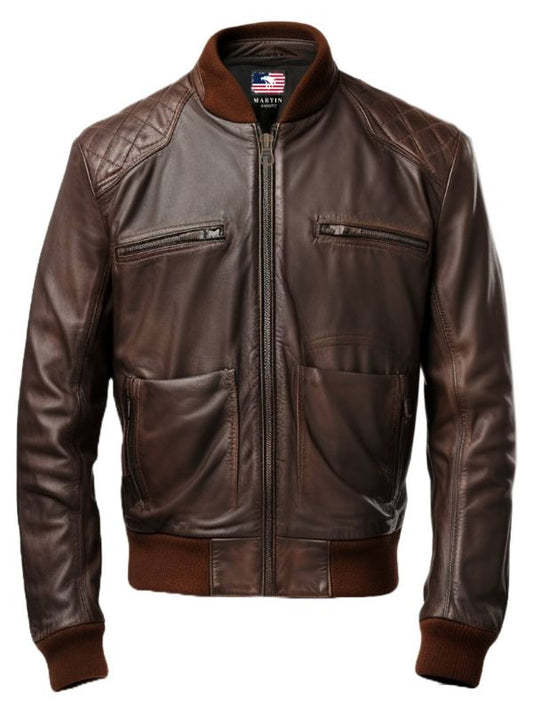 Men Brown Leather Jacket - Brown Bomber Jacket for Men