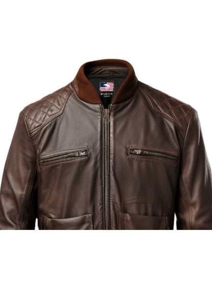 Men Brown Leather Jacket - Brown Bomber Jacket for Men