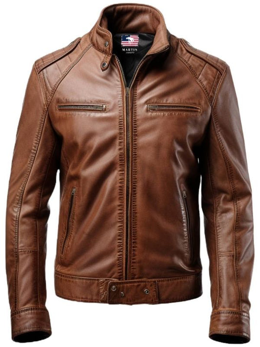 Men Brown Leather Slim fit Jacket - Brown Slim fit Jacket