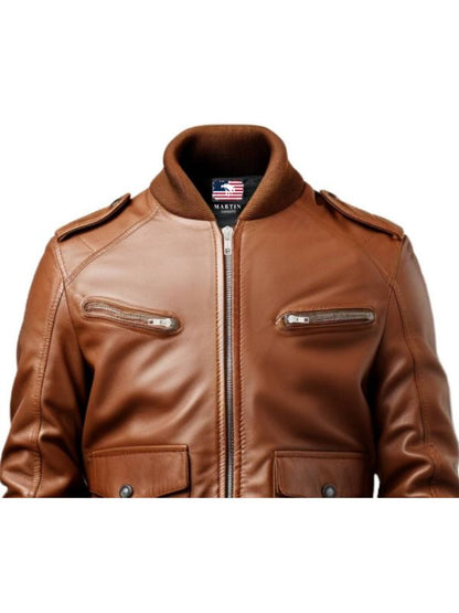 Men Brown Leather Strap Pocket Style Jacket - Brown Leather Jacket Men