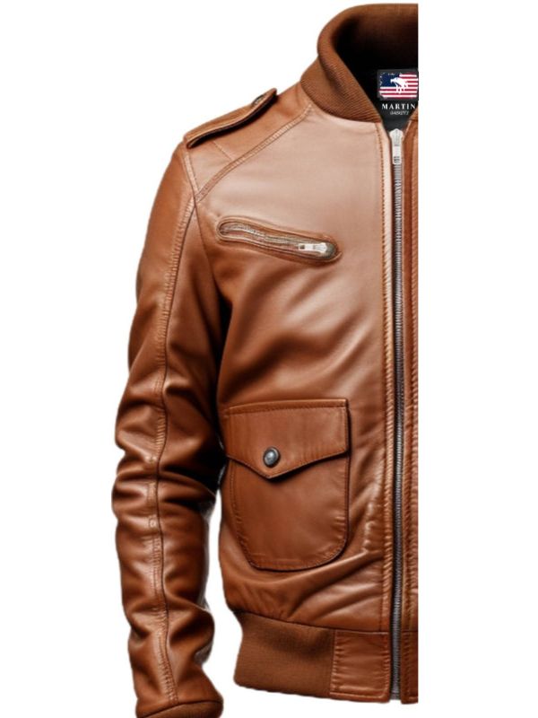 Men Brown Leather Strap Pocket Style Jacket - Brown Leather Jacket Men
