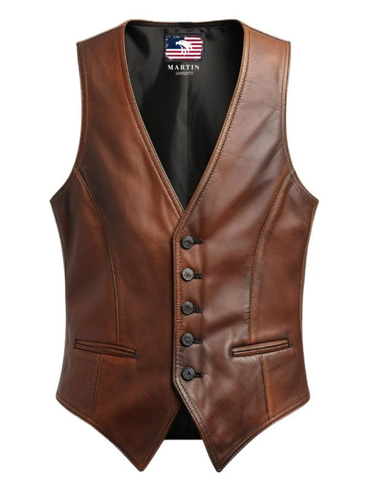 Men Brown Leather Vintage Vest