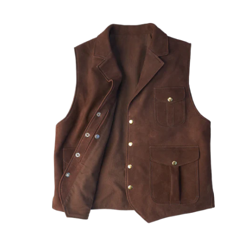 Men Brown Multi Pocket Style Leather Vest