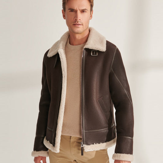 Men’s Brown Pilot Shearling Leather Aviator Jacket