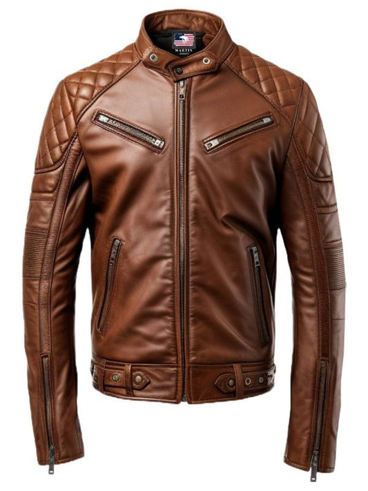 Men Brown Racer Cafe Moto Leather Jacket - Biker Jacket Men
