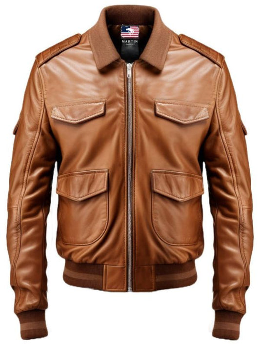 Men Brown Strap Pockets Bomber Leather Jacket- Bomber Jacket Mens