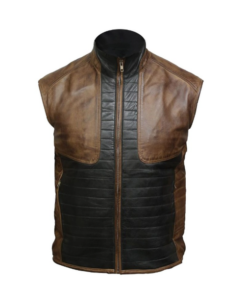 Men Brown & Black Leather Vest