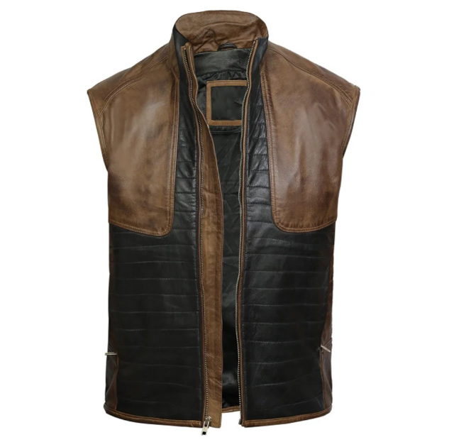 Men Brown & Black Leather Vest