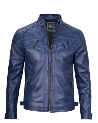 Men Cafe Racer Blue Leather Jacket