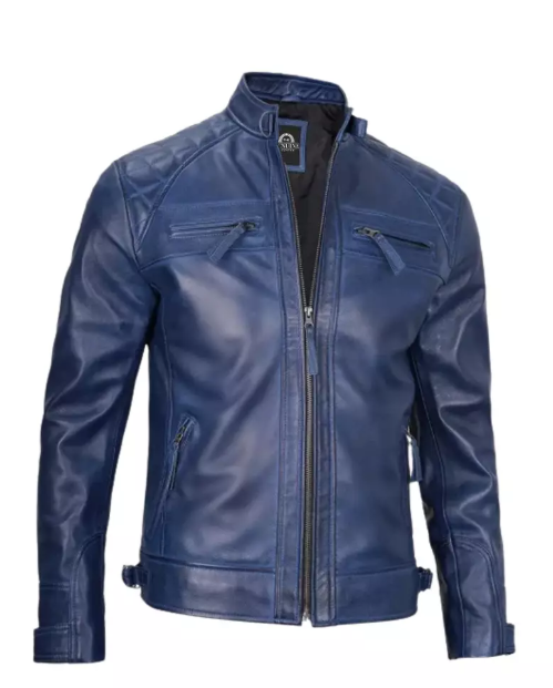 Men Cafe Racer Blue Leather Jacket