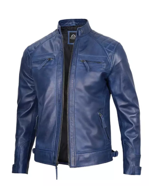 Men Cafe Racer Blue Leather Jacket
