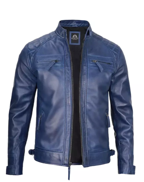 Men Cafe Racer Blue Leather Jacket