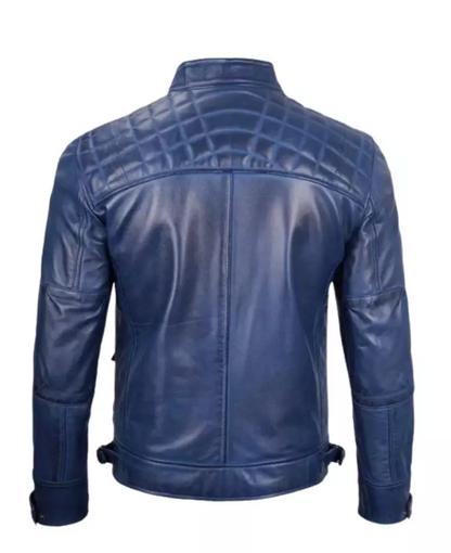 Men Cafe Racer Blue Leather Jacket